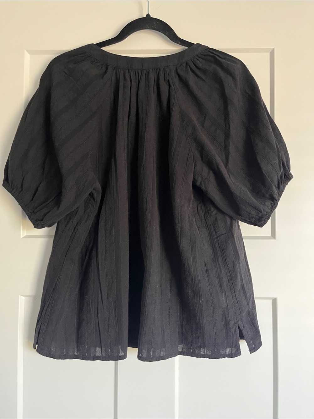 LOFT Black Peasant Tie-Front Blouse with Puff Sleeves - Picture 6 of 6